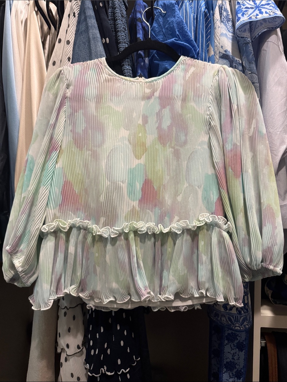 Ganni Pastel Pleated Ruffle Peplum Blouse